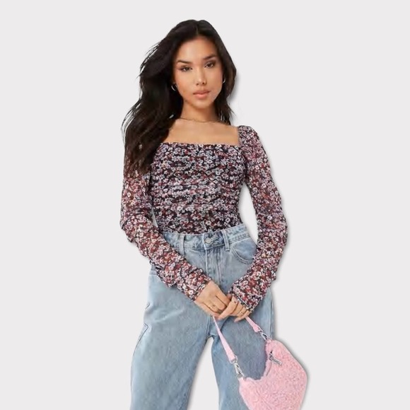 Missguided Tops - Missguided black floral print mesh ruched milkmaid bodysuit Black Size 6